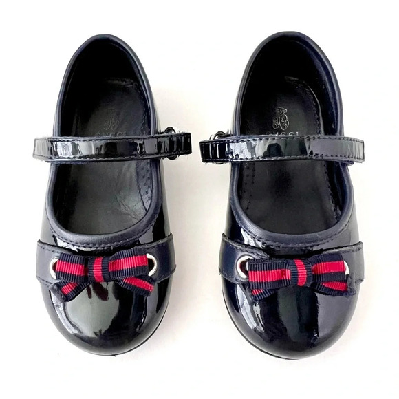 GUCCI | Baby Girl Mary Jane Ballet Flat Web Stripe Bow Navy Blue Leather US 5 - Picture 2 of 16